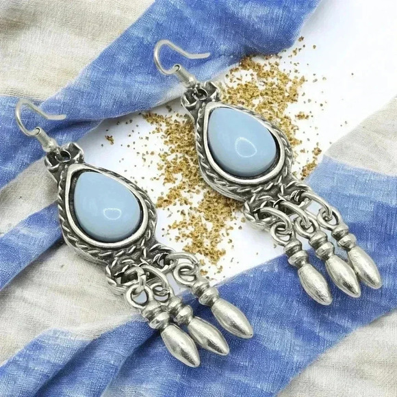 🆕️Boho Chic Handmade Dangle Earrings Turkish Zamak Silver Plated Turquoise - Picture 1 of 13